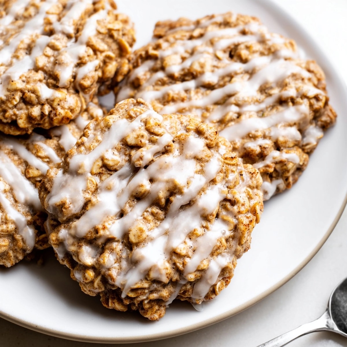 Close-up of chewy Iced Oatmeal Cookies cooling on a rack, vanilla icing glistening.