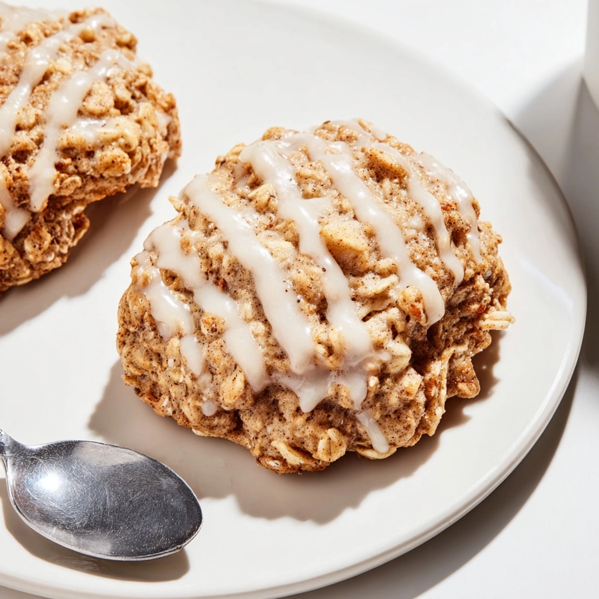 Stack of homemade Iced Oatmeal Cookies showing texture and crumb, perfect with coffee.