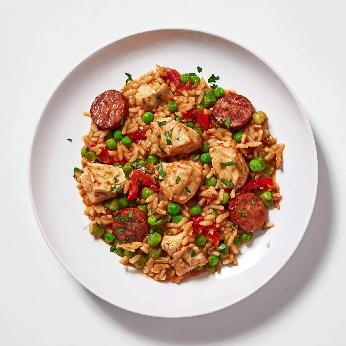 Golden rice surrounds tender chicken in this flavorful Chicken and Chorizo Rice Skillet dish.