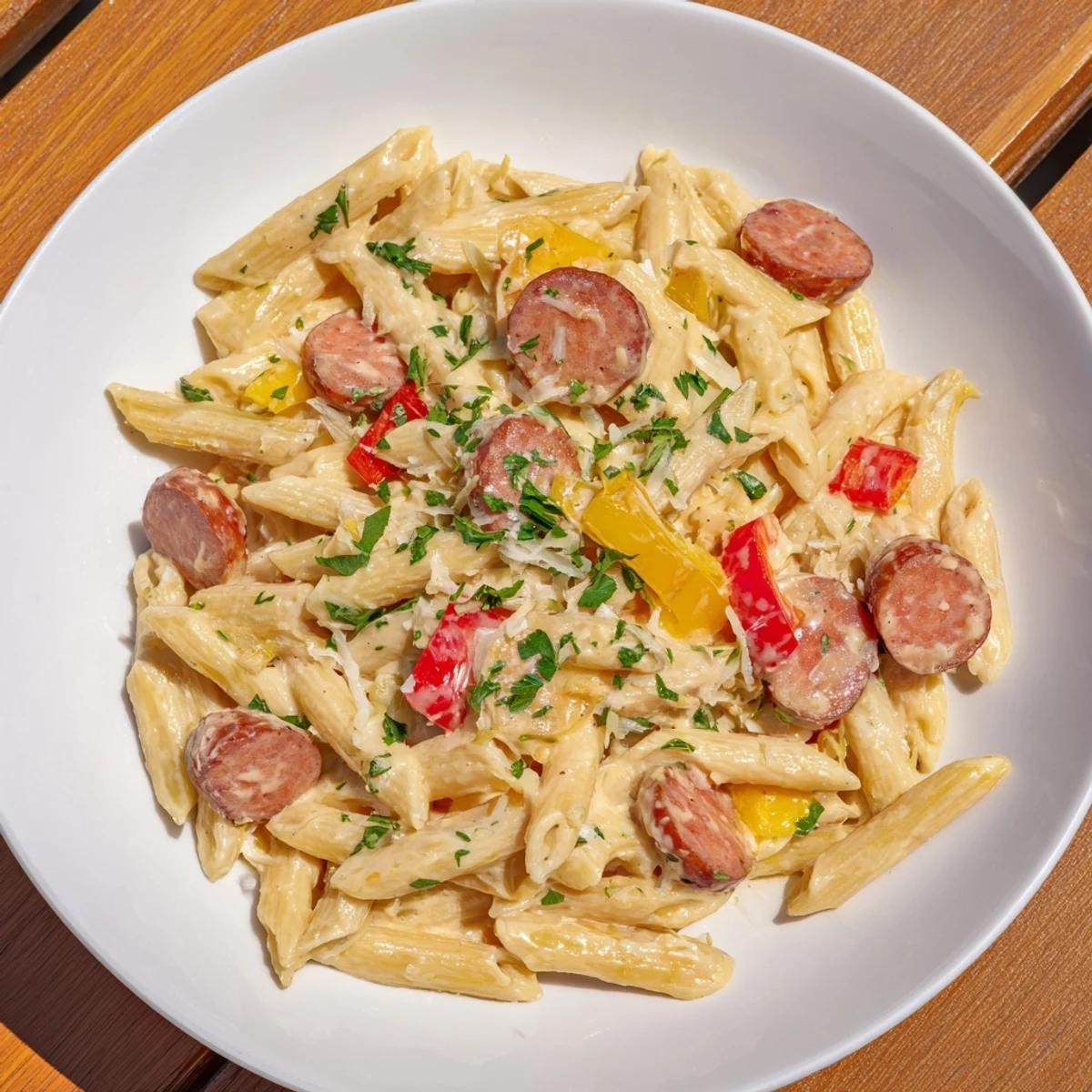 A close-up of the delicious Smoked Sausage Cajun Alfredo, ready to serve and enjoy this weeknight.