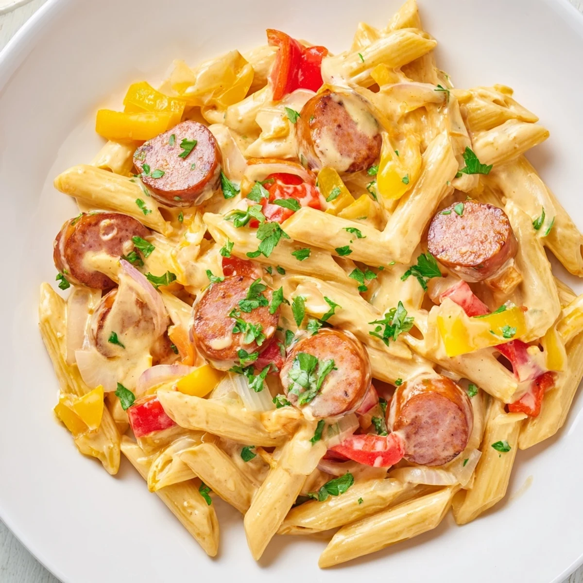 Steaming bowl of Smoked Sausage Cajun Alfredo with perfectly cooked penne and creamy sauce.