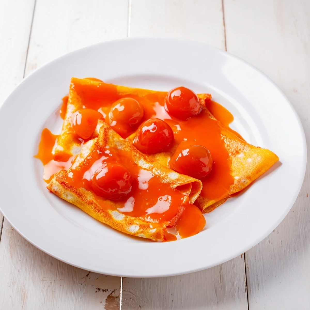 Golden, folded Cherry-Coded Crêpe Suzette, drizzled with a glistening cherry-orange sauce, ready to serve.