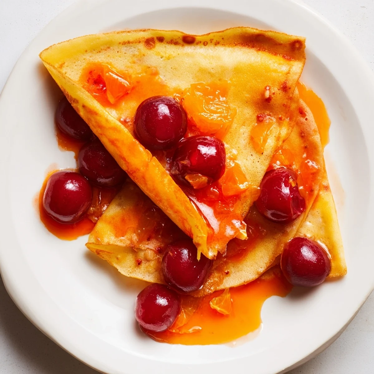 A plate of warm Cherry-Coded Crêpe Suzette, their delicate orange-cherry sauce bubbling, a tempting dessert.