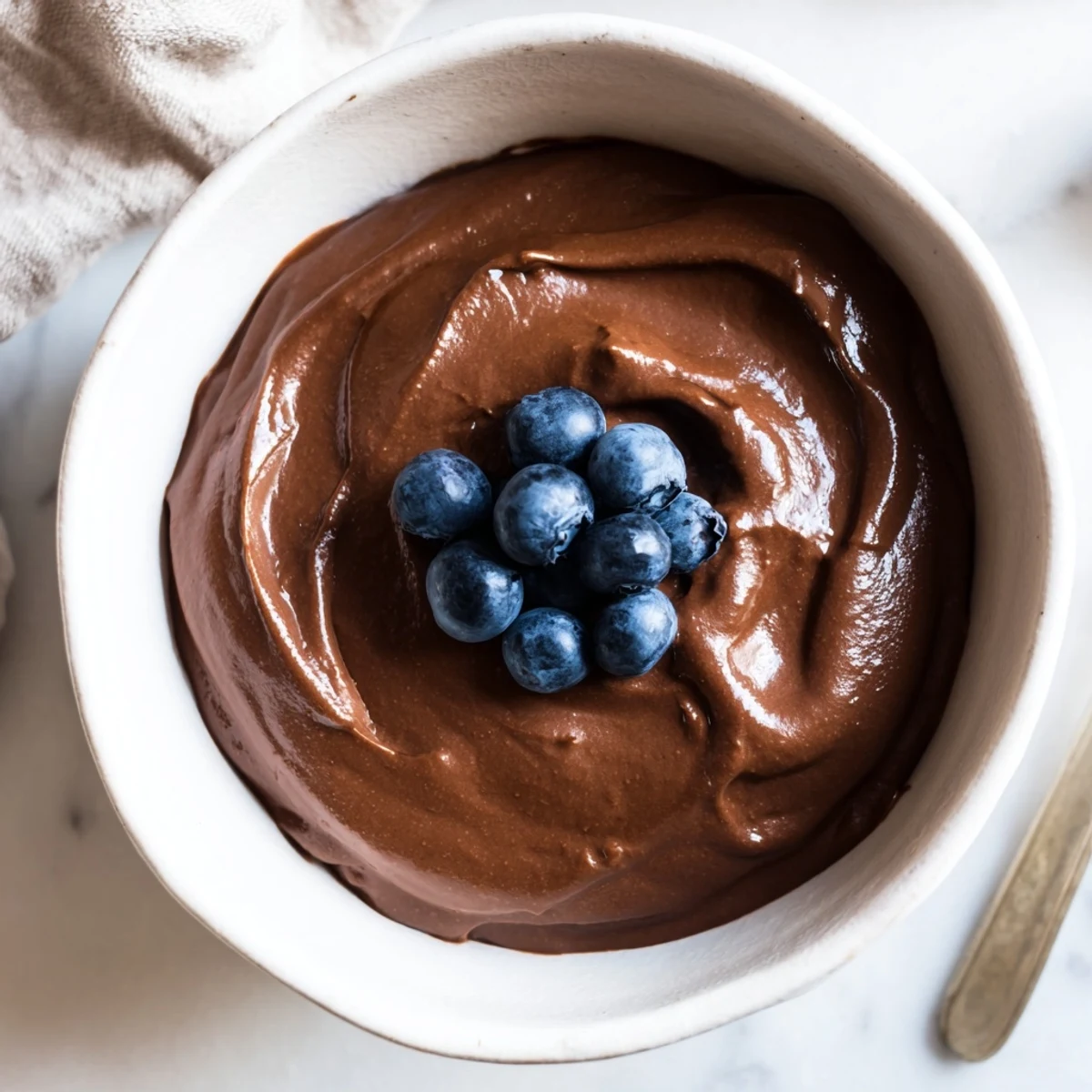 A bowl of rich 3-ingredient chocolate avocado mousse swirled with a spoon, anticipating a tasty vegan treat.