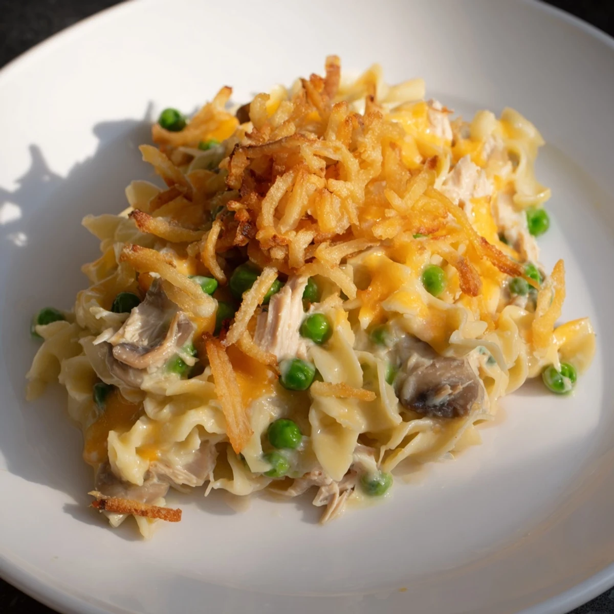 Golden-brown Tuna Noodle Casserole with a crispy onion topping, a classic comfort food ready to serve.