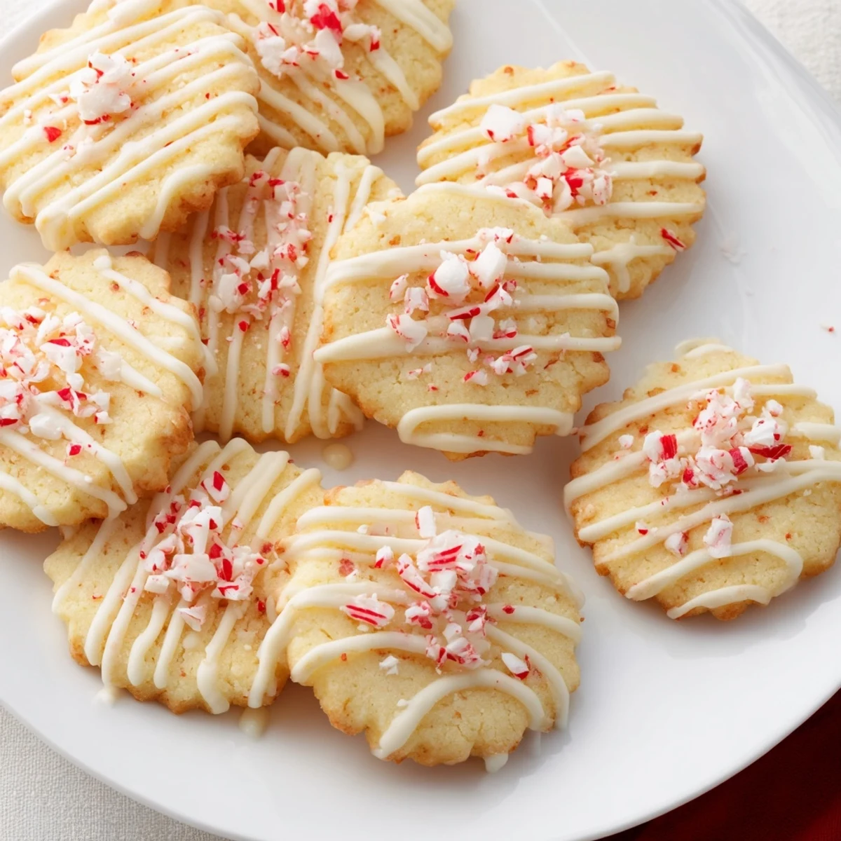 Close-up of freshly baked Peppermint Spritz Cookies, glistening with crushed peppermint topping for festive appeal.