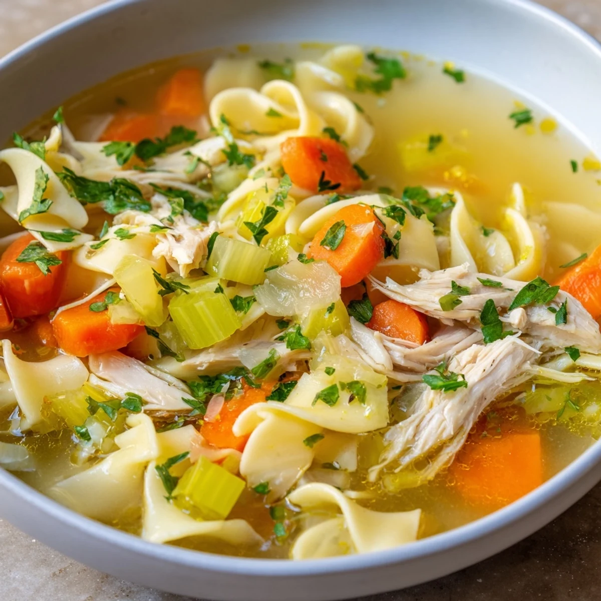 Enjoy a warm and hearty bowl of Classic Chicken Noodle Soup, perfect for a cozy dinner.