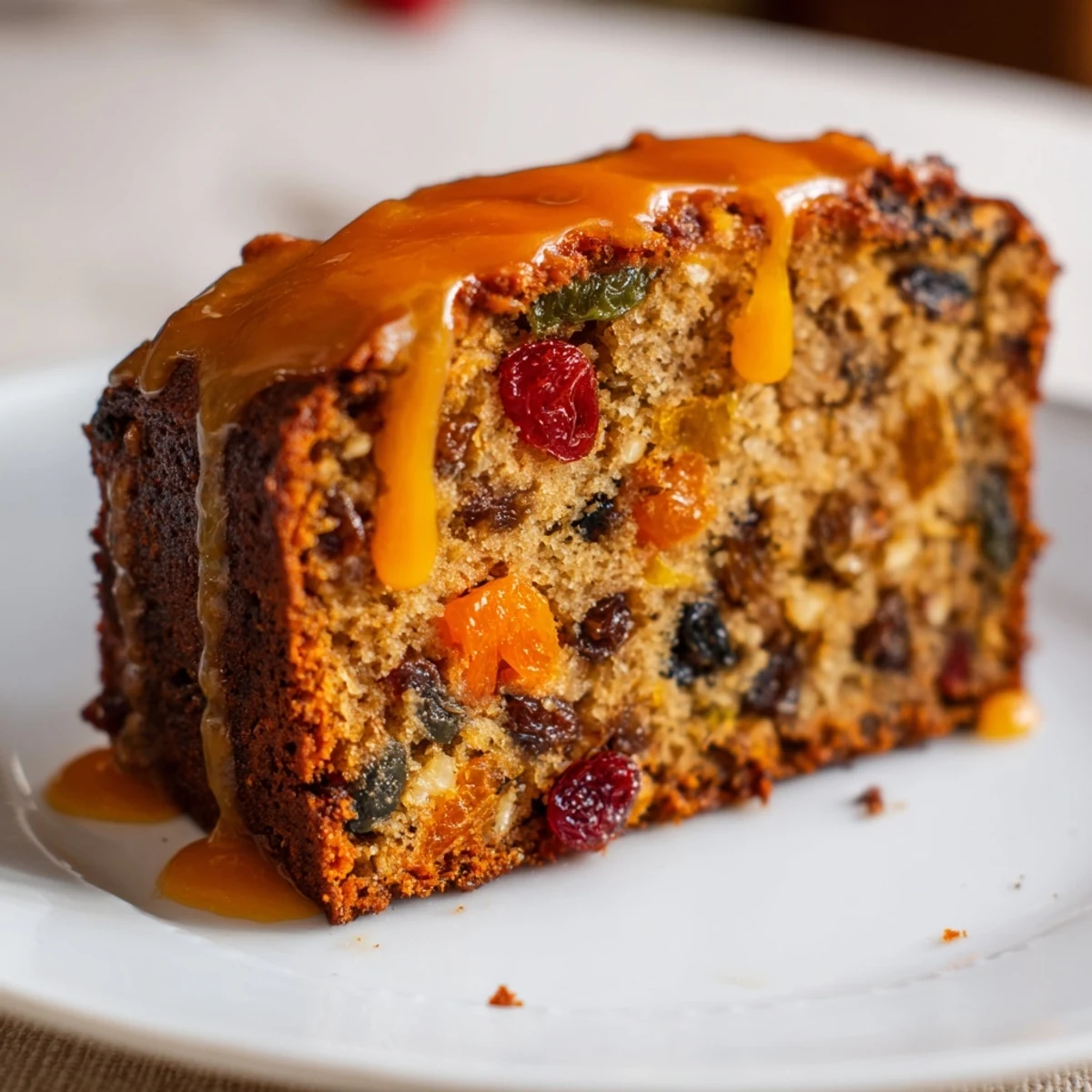 Moist, delicious Easy Glazed Christmas Fruit Loaf Cake, drizzled with festive orange glaze and ready to slice.