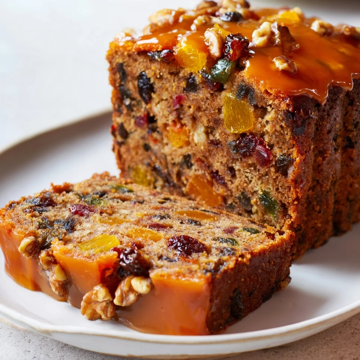 Close-up of a beautifully baked Easy Glazed Christmas Fruit Loaf Cake, showcasing candied fruit topping it.