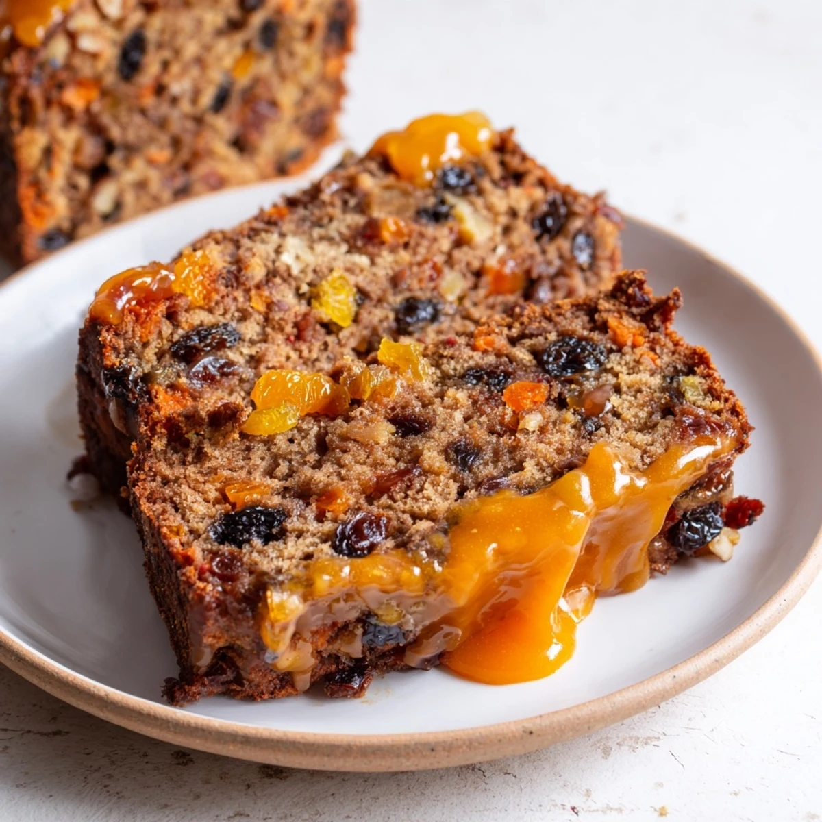 A warm slice of Easy Glazed Christmas Fruit Loaf Cake, perfect for enjoying during the holidays and gifting.