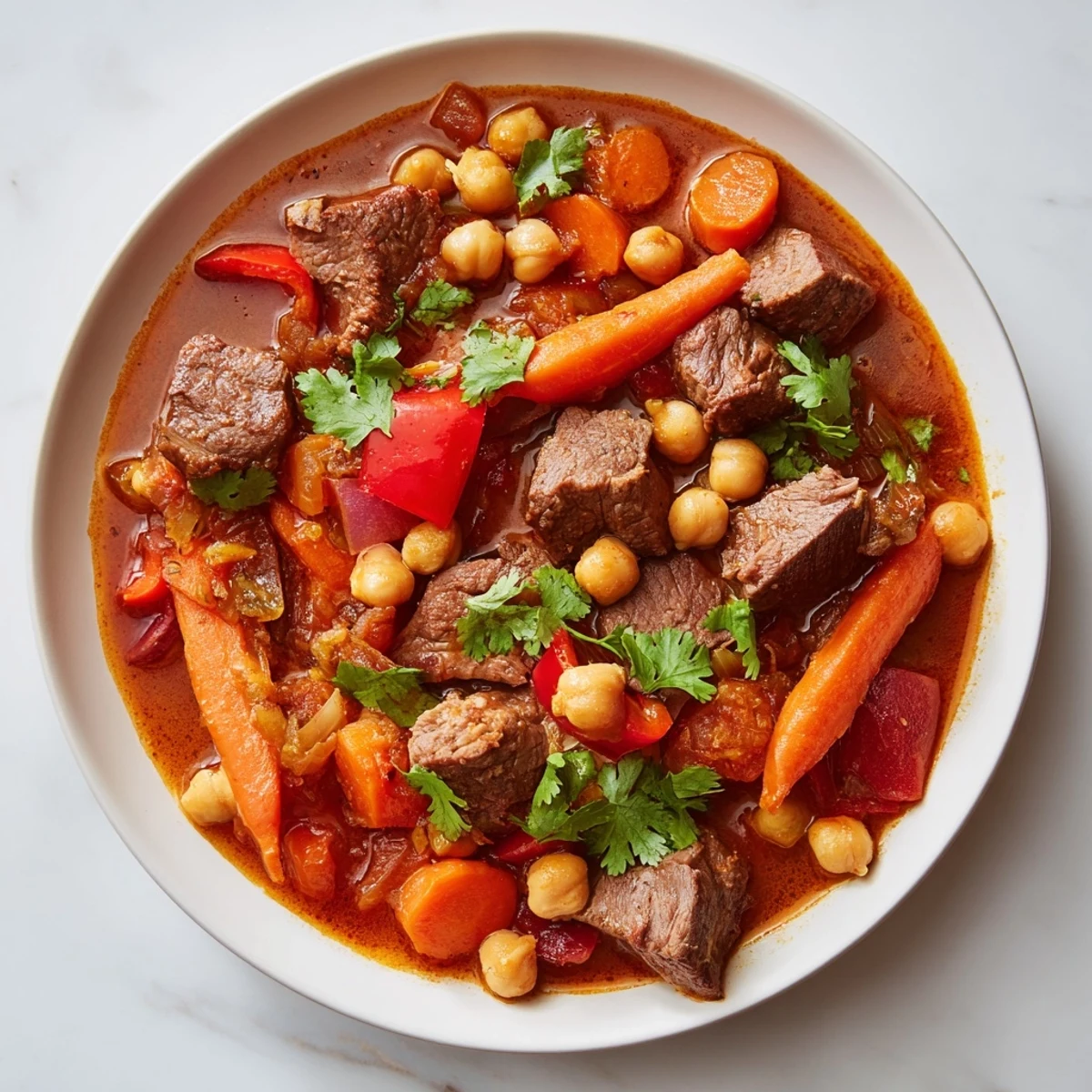 Close-up of bubbling Instant Pot Middle Eastern Lamb Stew, served with a garnish of fresh cilantro.