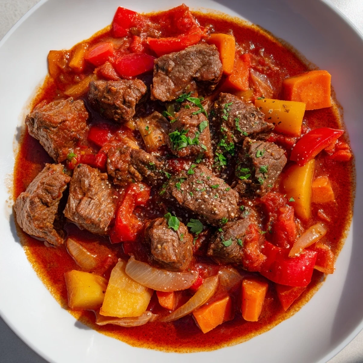 A steaming bowl of hearty beef goulash, showcasing tender beef and a rich, dark broth.