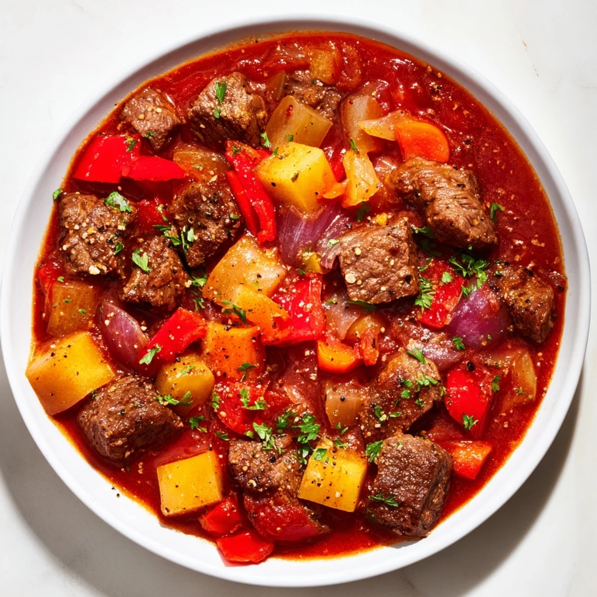 Close-up of a rustic bowl of hearty beef goulash, promising warmth from the stew's savory aromas.
