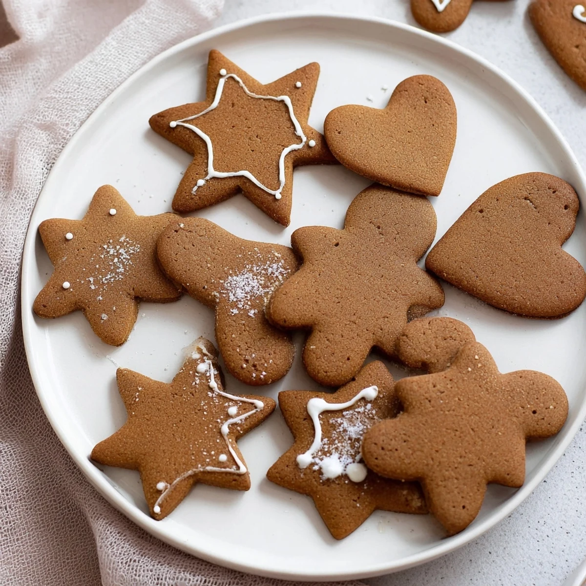 Warm, spiced classic gingerbread cookies, iced and ready for the holiday season, offer a sweet aroma.