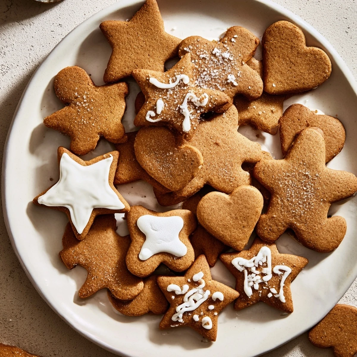 Freshly baked classic gingerbread cookies, with visible spice crystals, sit waiting to be decorated and enjoyed.