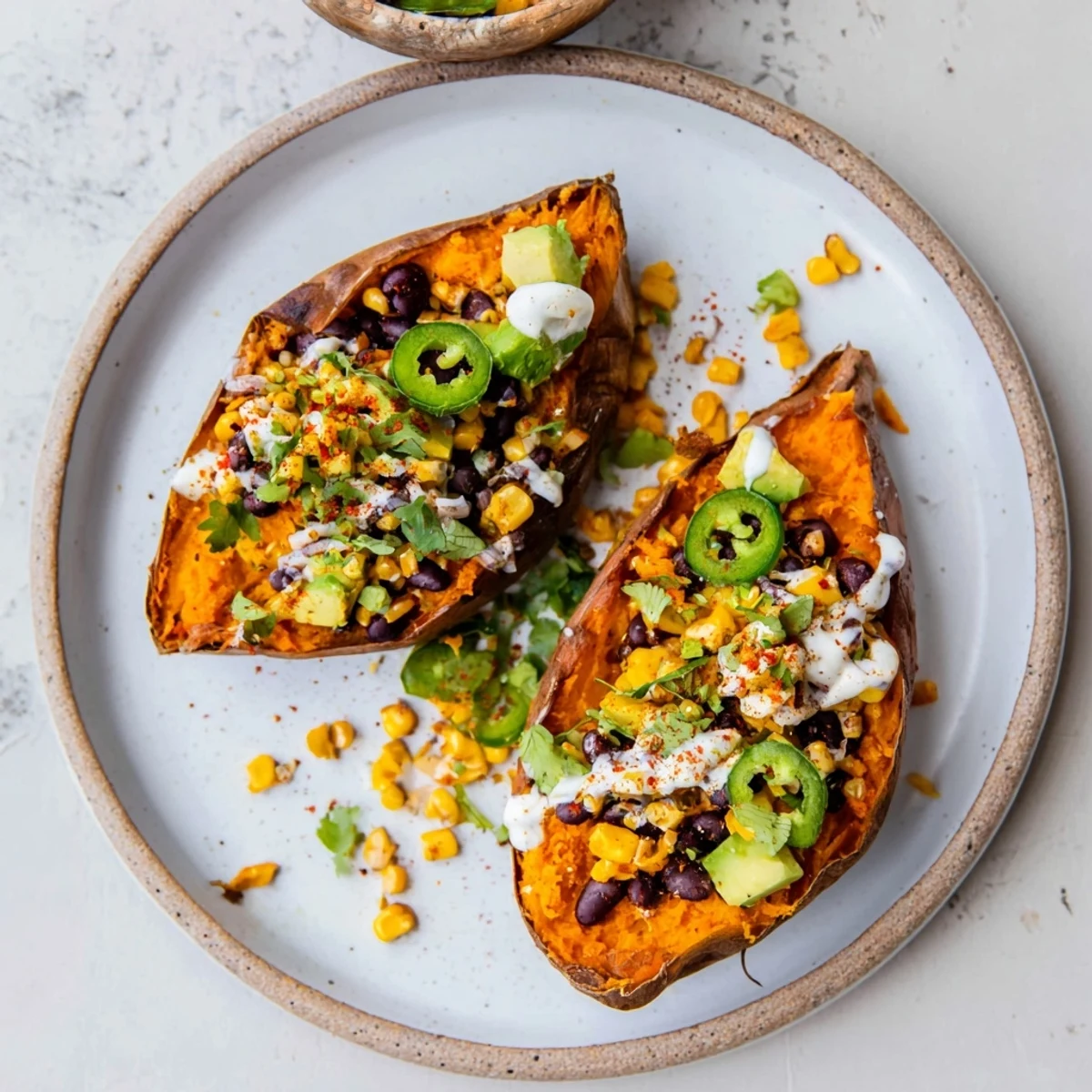 Hearty Loaded Baked Sweet Potatoes, served with lime wedges, offer a vibrant, satisfying vegetarian meal.