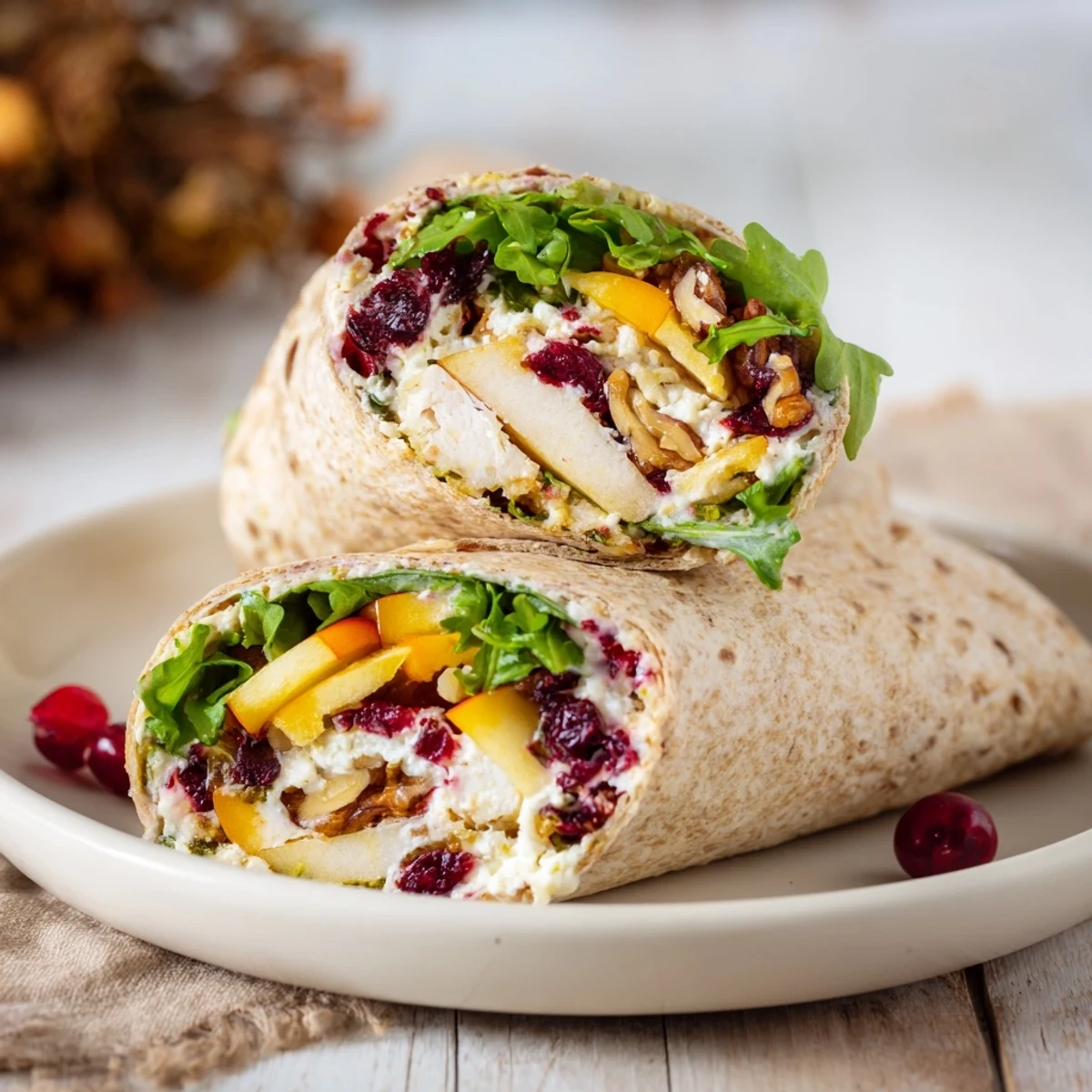 Freshly made Cranberry Goat Cheese & Walnut Wraps: a colorful mix of fruit and greens.