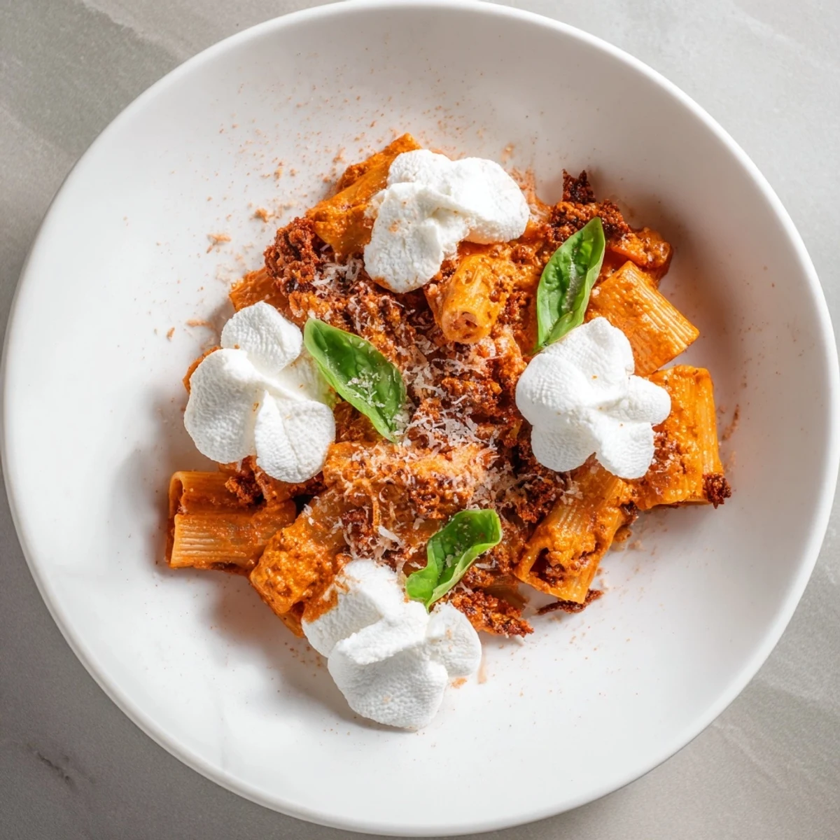 Creamy Roasted Red Pepper Santa Hat Pasta: Vibrant, festive pasta topped with ricotta “Santa hats,” ready to eat.