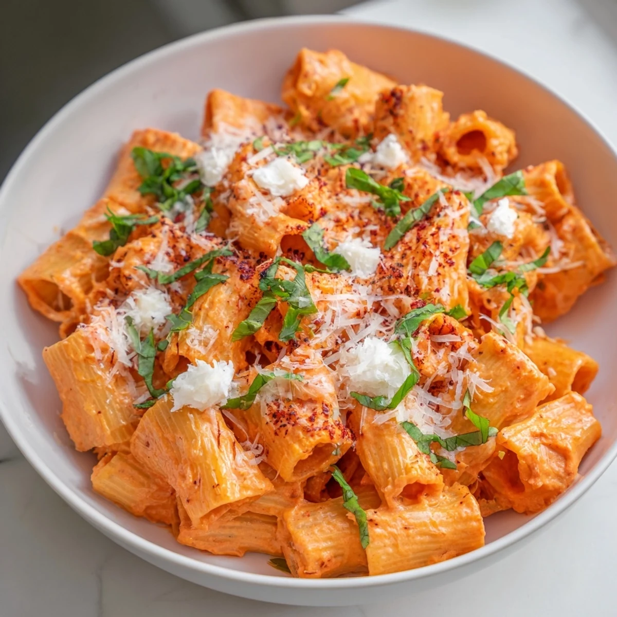 This close-up shows the Creamy Roasted Red Pepper Santa Hat Pasta with fresh basil and Parmesan.