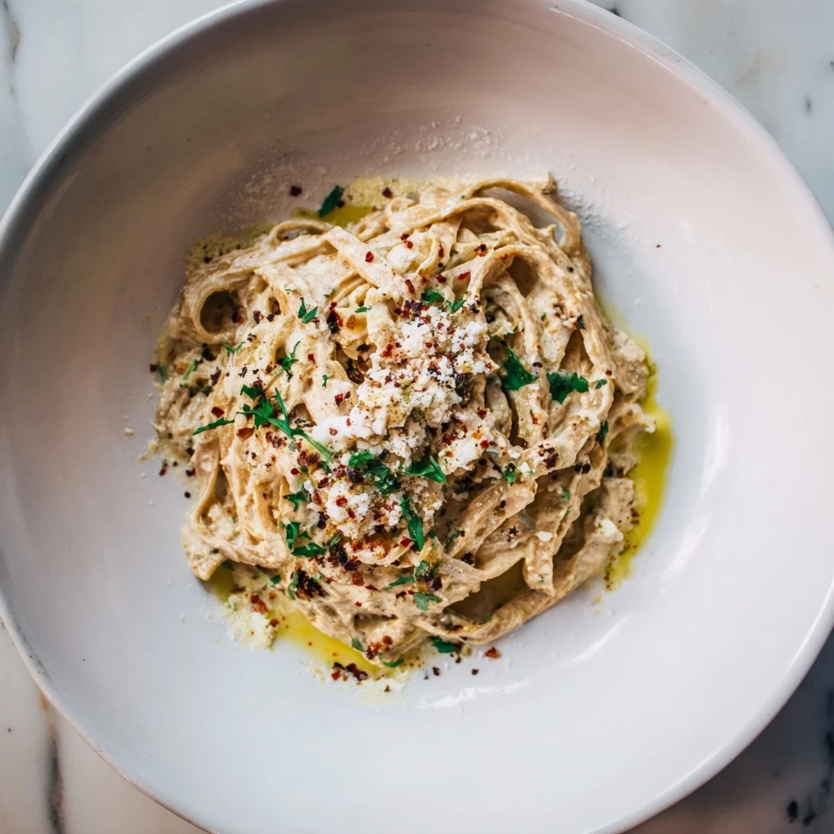 Steaming plate of Skinny Alfredo Garlic Parmesan Snowy Pasta, garnished with fresh parsley and extra Parmesan.