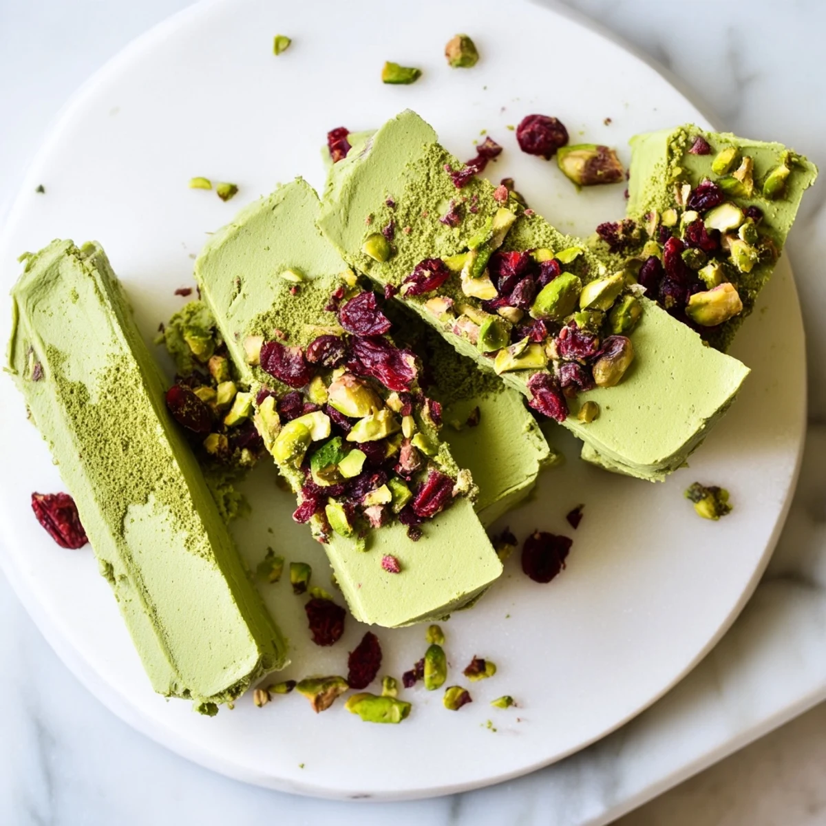 Lush, pale green Matcha White Chocolate Cranberry Bark Clusters, a delightful holiday dessert studded with tart cranberries.