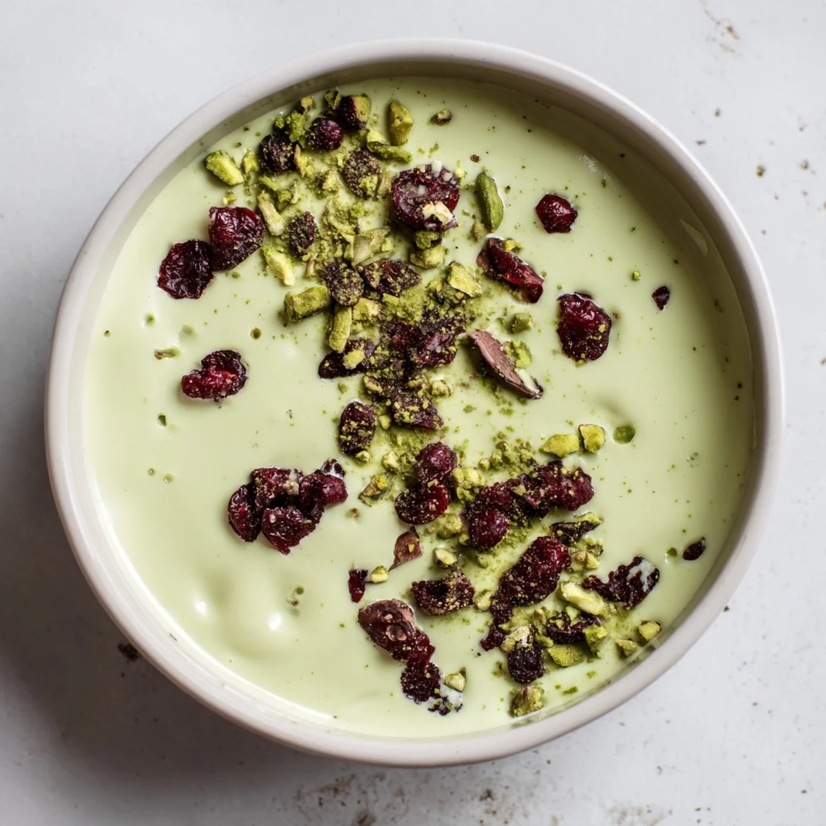 Close-up of vibrant Matcha White Chocolate Cranberry Bark Clusters, ready to enjoy with a cup of green tea.