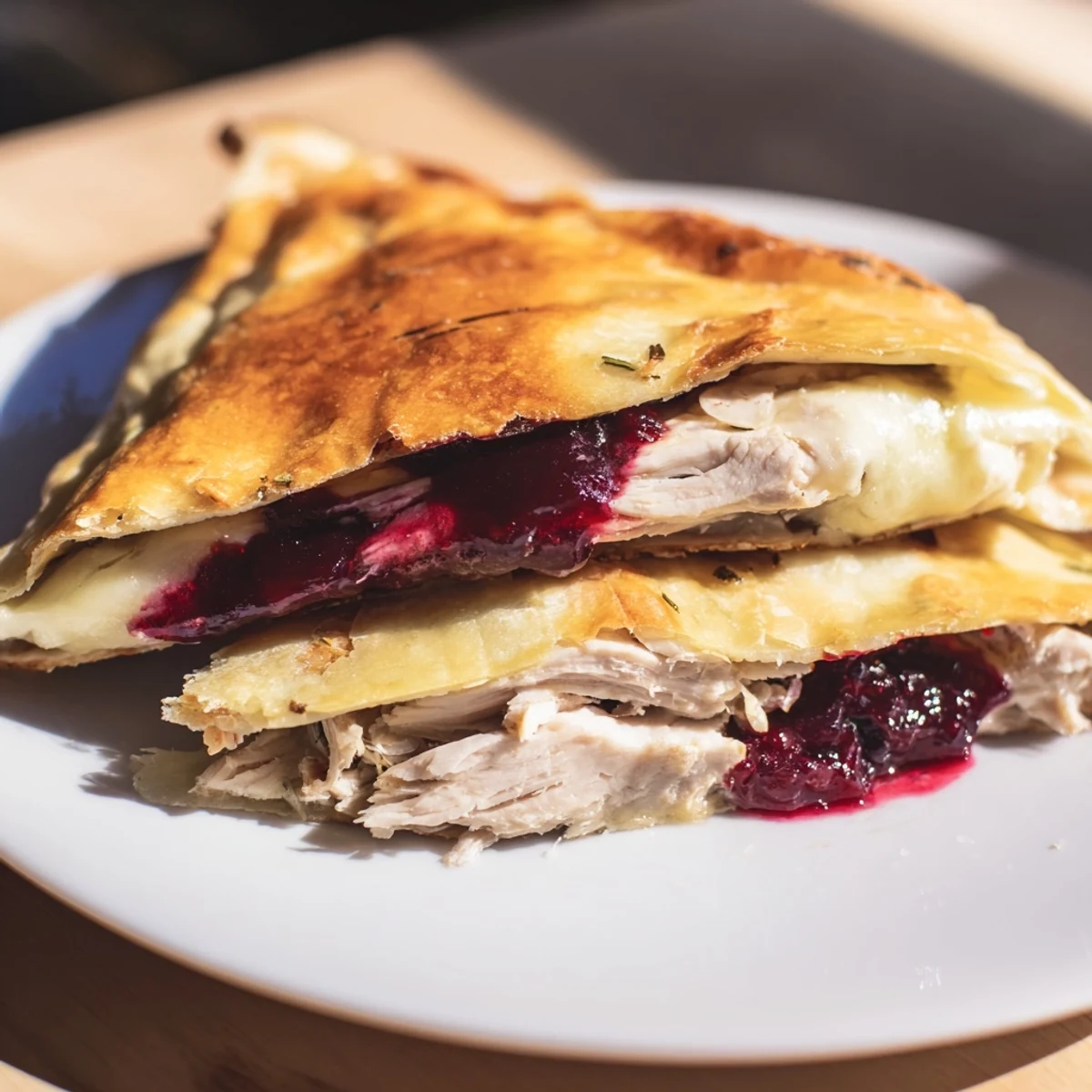 Crispy golden tortilla wrap filled with turkey, stuffing, and cranberry leftovers, perfect for lunch.