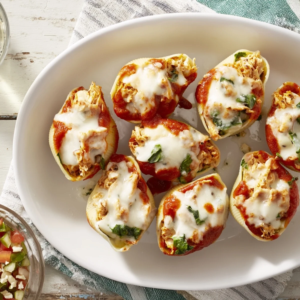 High-Protein Cottage Cheese Alfredo Christmas Shells, bubbly cheese and vibrant red peppers in a holiday dish.