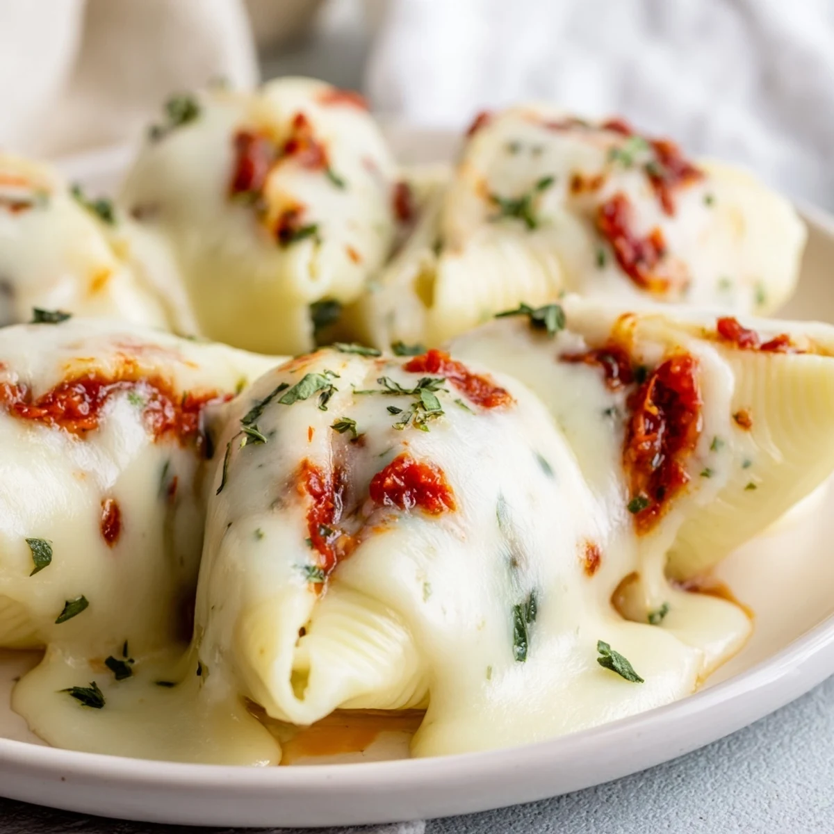 Creamy high-protein Cottage Cheese Alfredo Christmas Shells, served with fresh parsley for a festive, comforting meal.
