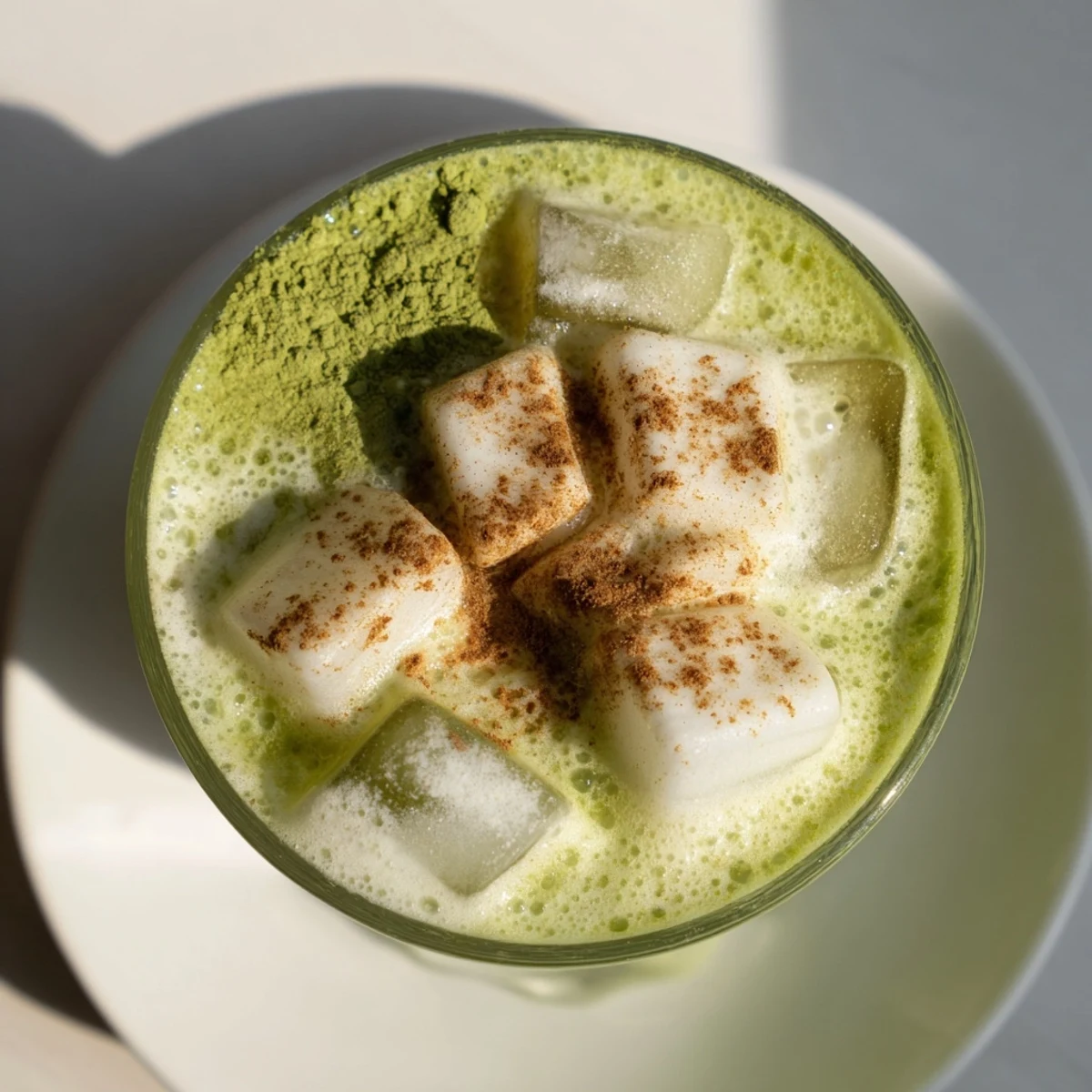 Iced Cinnamon Roll Matcha with protein foam, a creamy layered beverage topped with whipped protein.