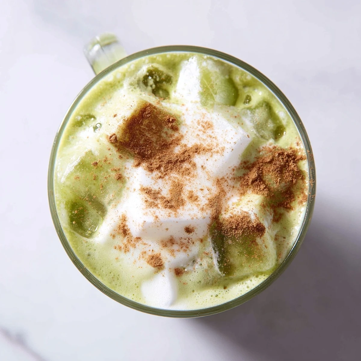 Visual display: a tall glass of Iced Cinnamon Roll Matcha with a light, dreamy protein foam on top.