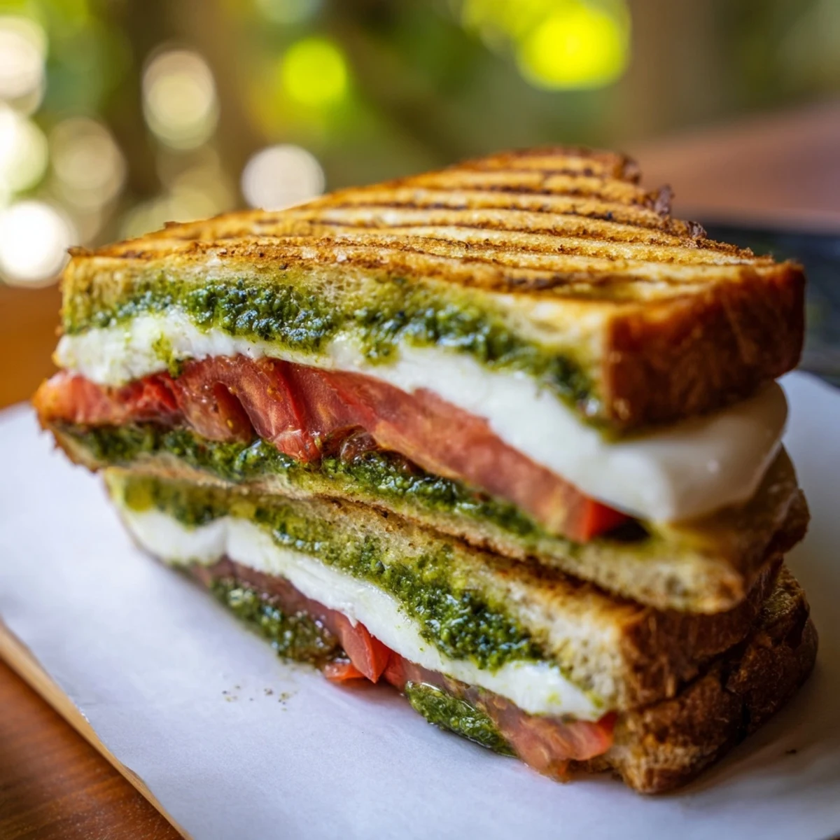Golden-brown Caprese Pesto Panini-Style Grilled Cheese, oozing melted mozzarella and fresh tomato slices.