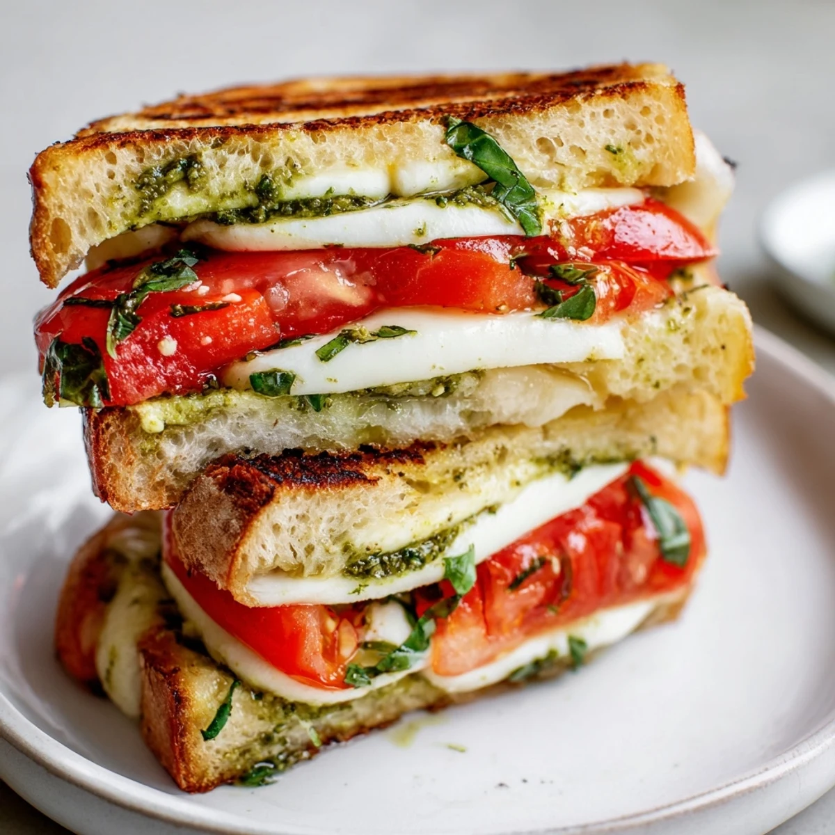 Warm and cheesy Caprese Pesto Panini-Style Grilled Cheese, pictured with fresh basil and ready to eat.