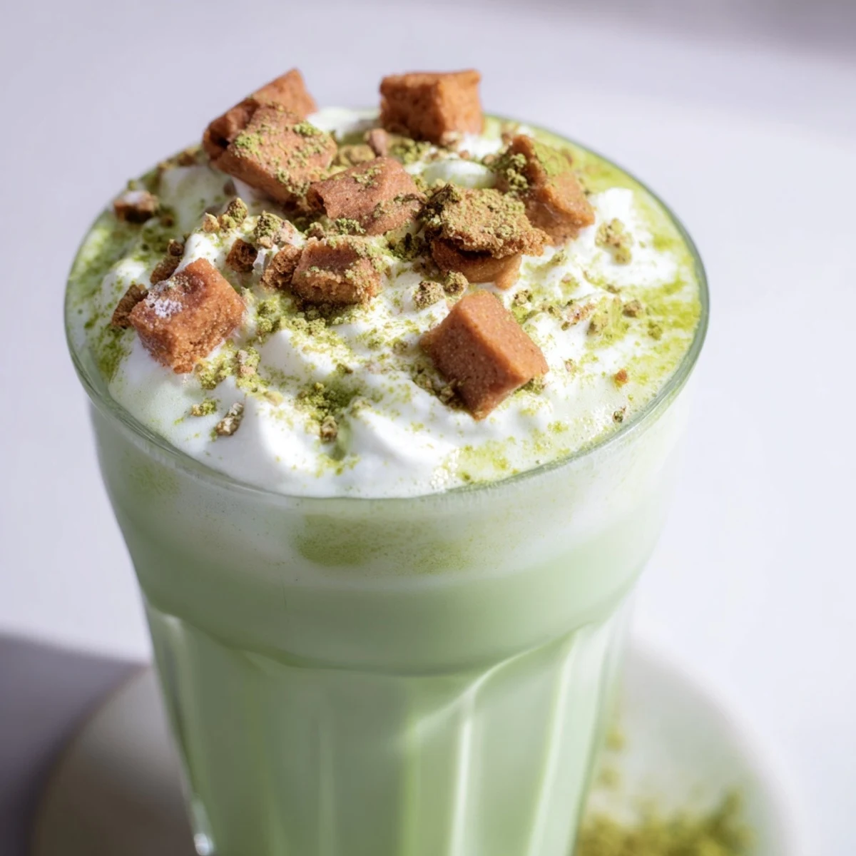 Frothy Sugar-Free Gingerbread Cookie Matcha Frappe, a vibrant green beverage topped with whipped cream and spices.