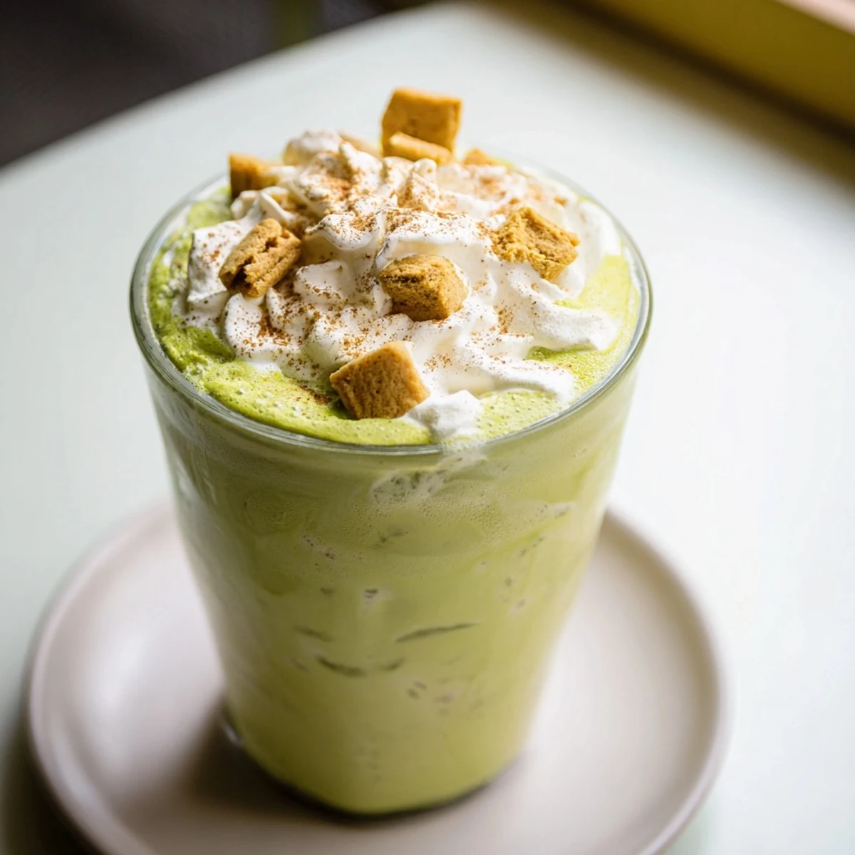 Enjoy this refreshing, sugar-free Gingerbread Cookie Matcha Frappe, beautifully garnished with cookie crumbs for sipping.