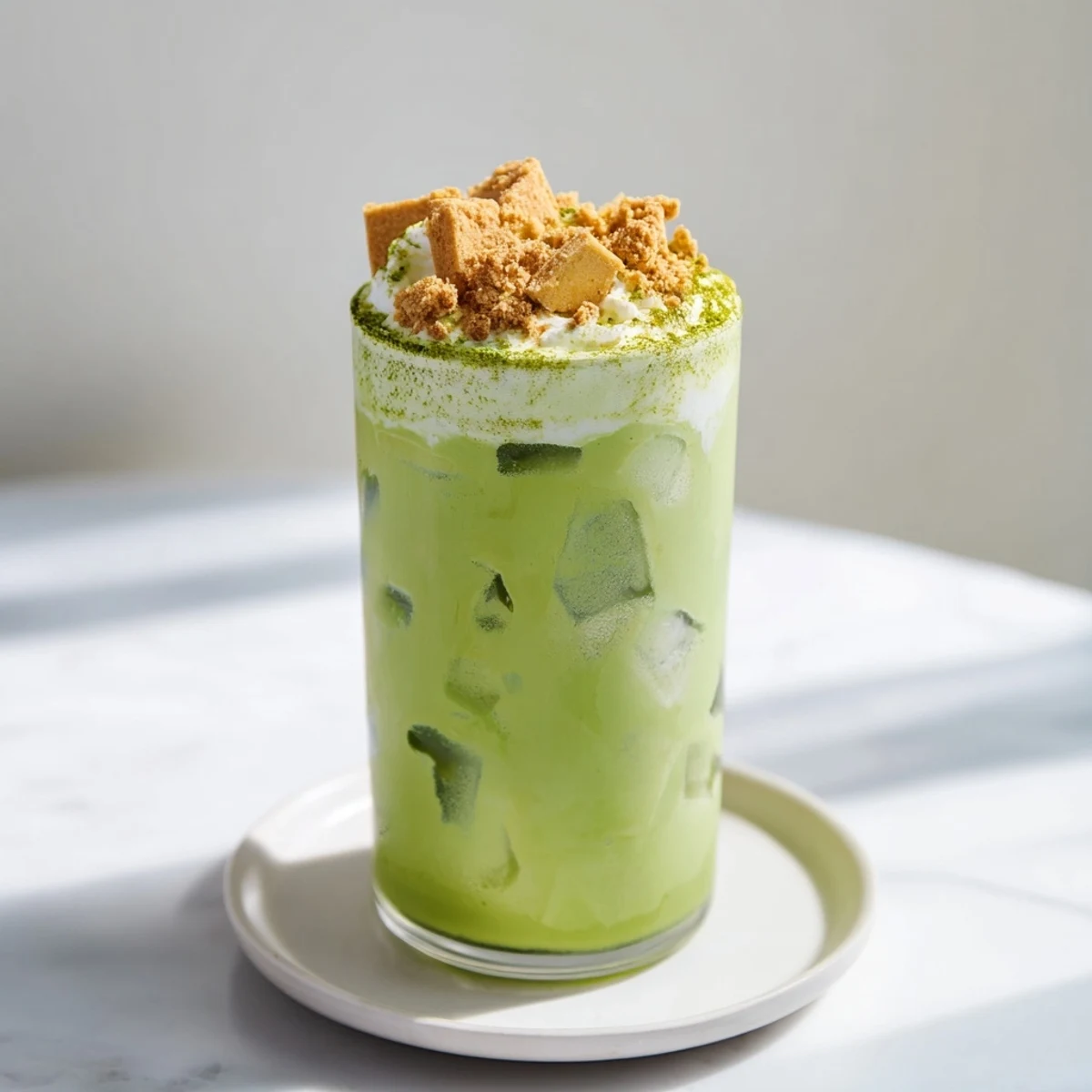 A tall glass displaying a Sugar-Free Gingerbread Cookie Matcha Frappe, swirled with matcha and spice, ready to drink.