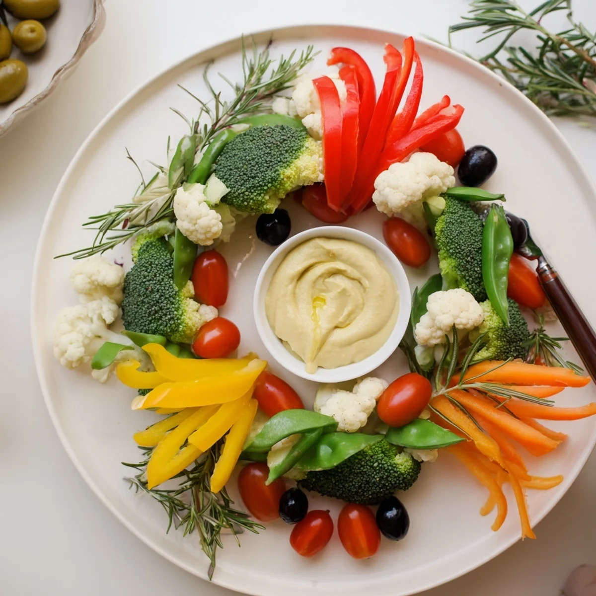 Festive Garland Veggie Wreath: a colorful vegetarian appetizer with fresh vegetables and creamy dip.