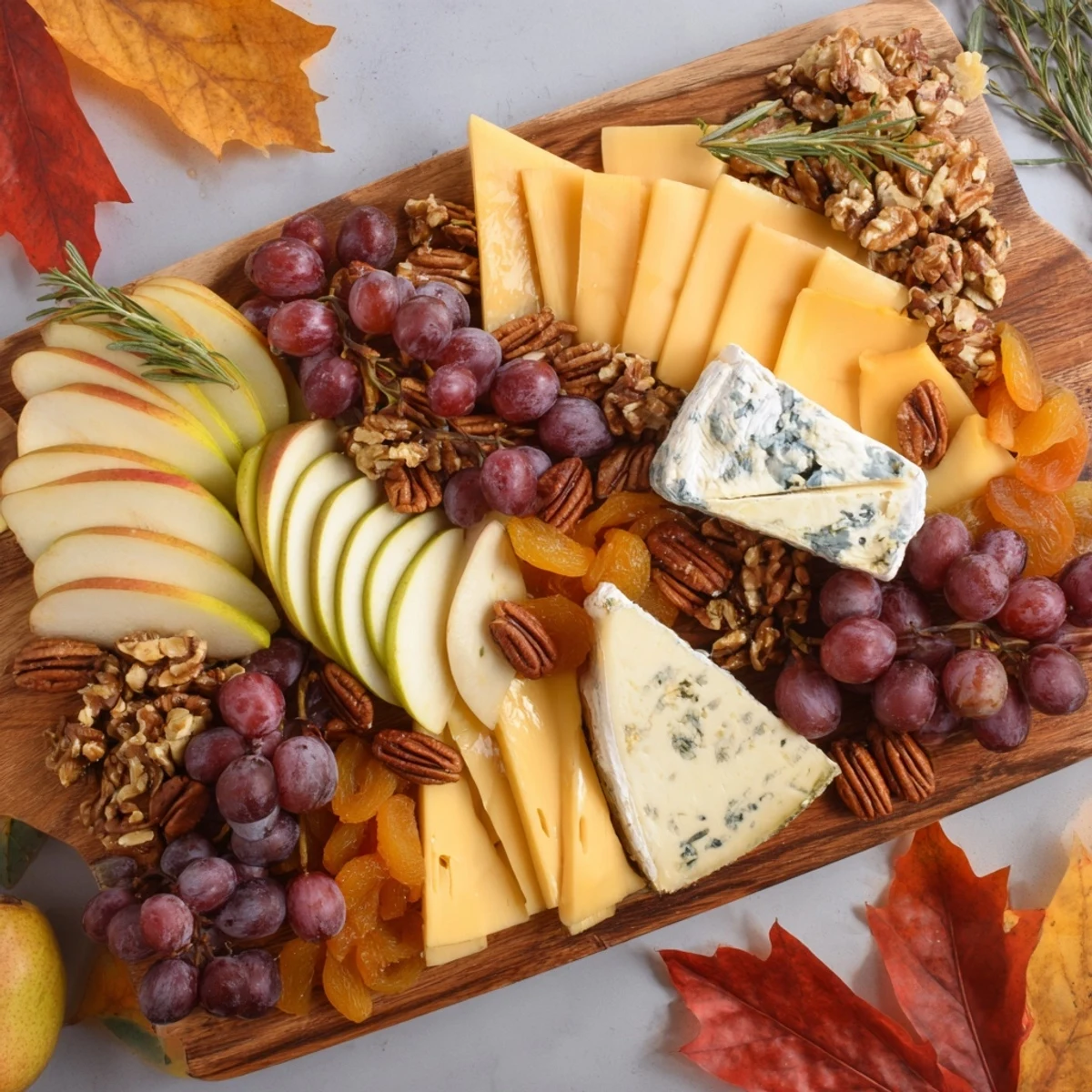 Beautifully arranged Autumn Leaf Cheese Platter, showcasing creamy brie and sharp cheddar with colorful fruits.