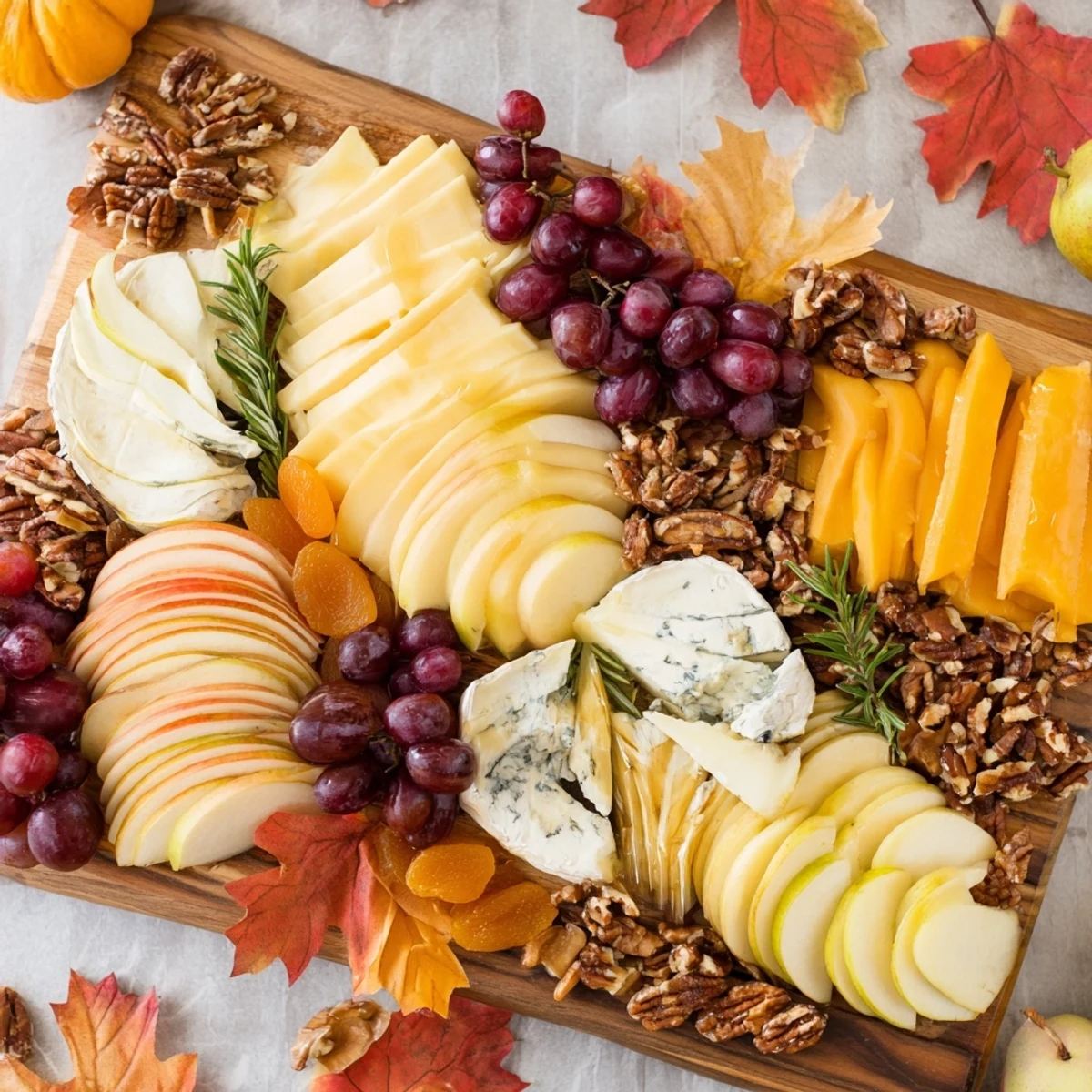 Festive Autumn Leaf Cheese Platter: a delicious spread with goat cheese, grapes, and crunchy crackers for sharing.