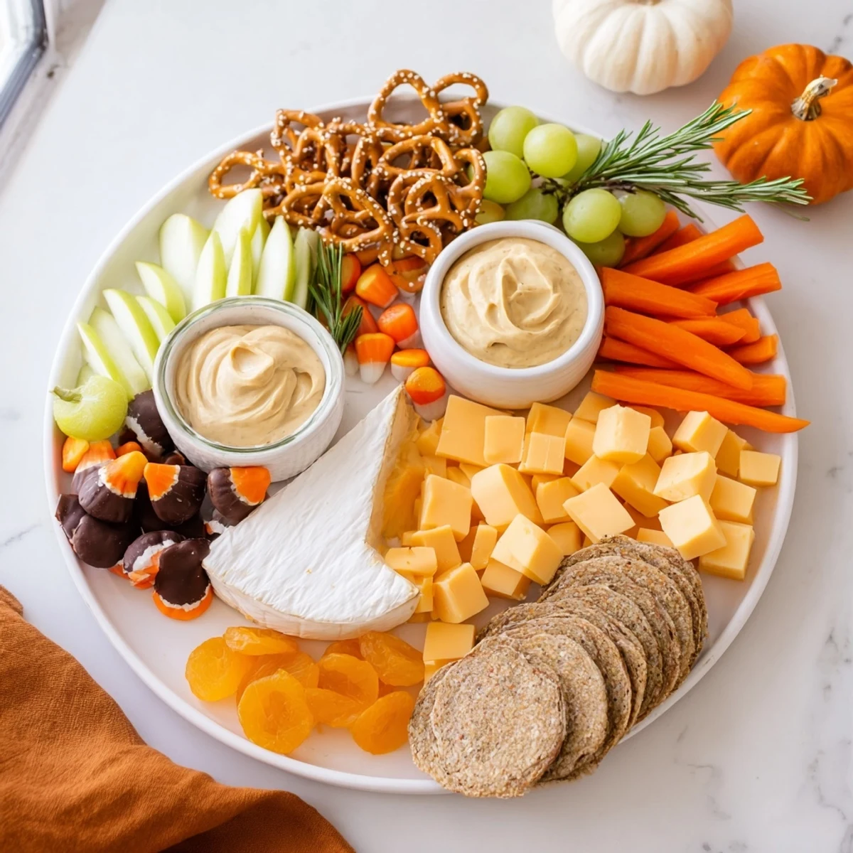 Vibrant Pumpkin Patch Snack Board with cheddar, gouda, and fresh autumn fruits, ready to serve.