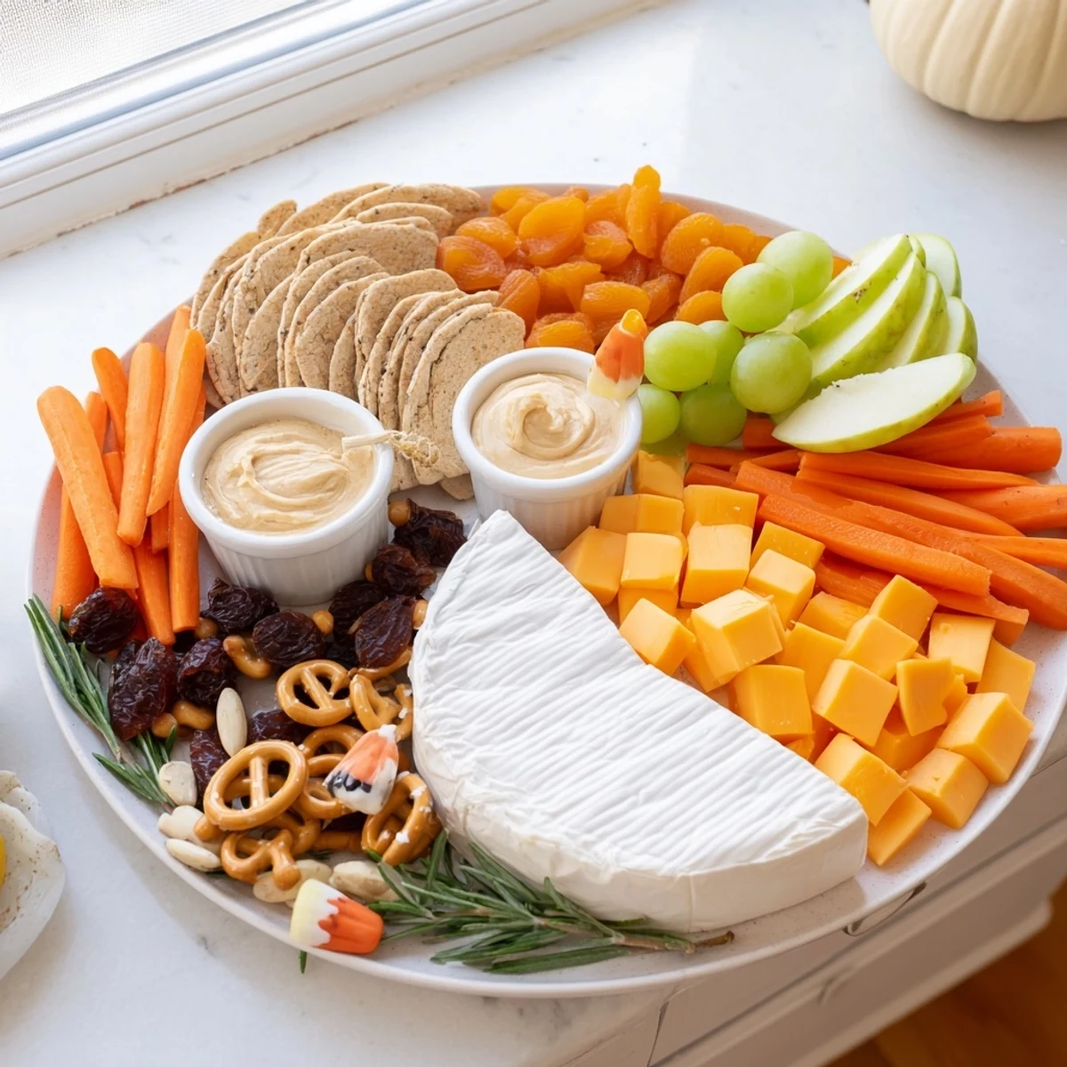 A colorful assortment of treats makes this delicious Pumpkin Patch Snack Board perfect for fall parties.