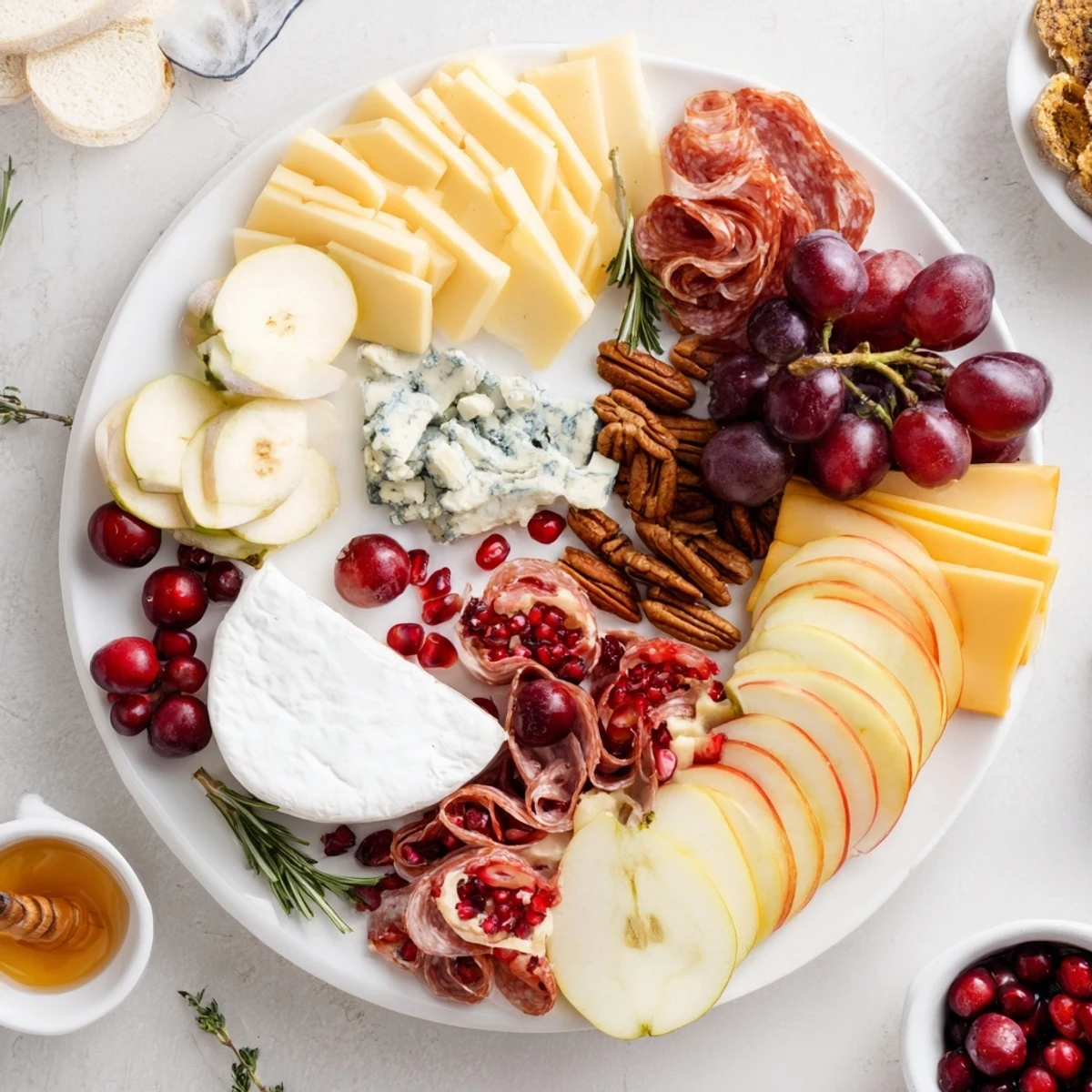 Colorful Jingle Bell Cheese Board arrangement: Brie, cheddar, grapes, and nuts, perfect for holiday entertaining.