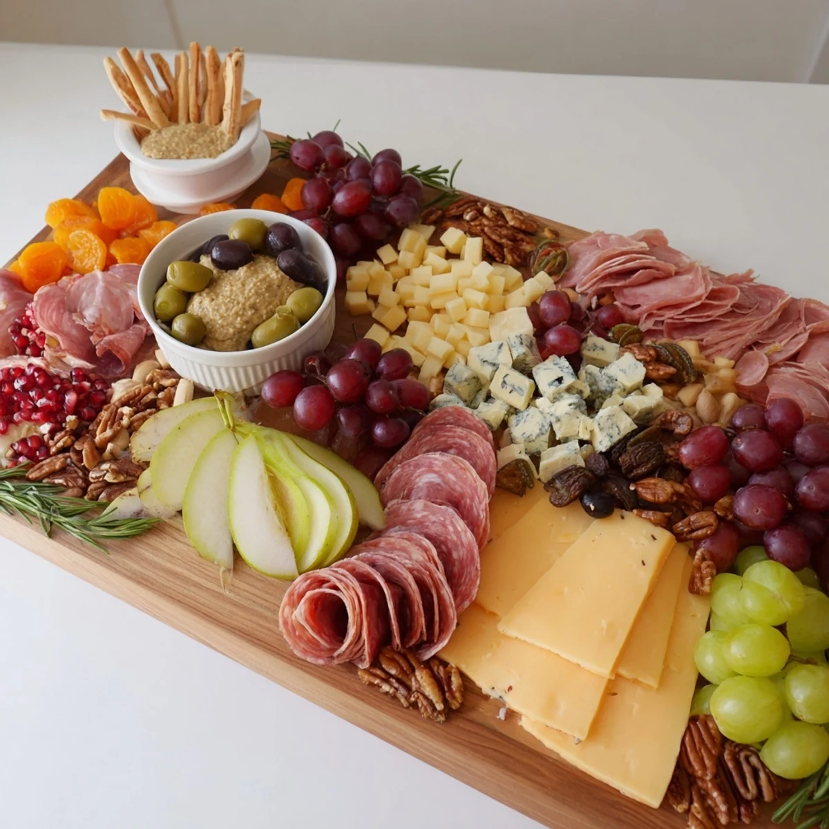 Beautifully arranged Sleigh Ride Charcuterie features cured meats around creamy cheeses, and glistening grapes.