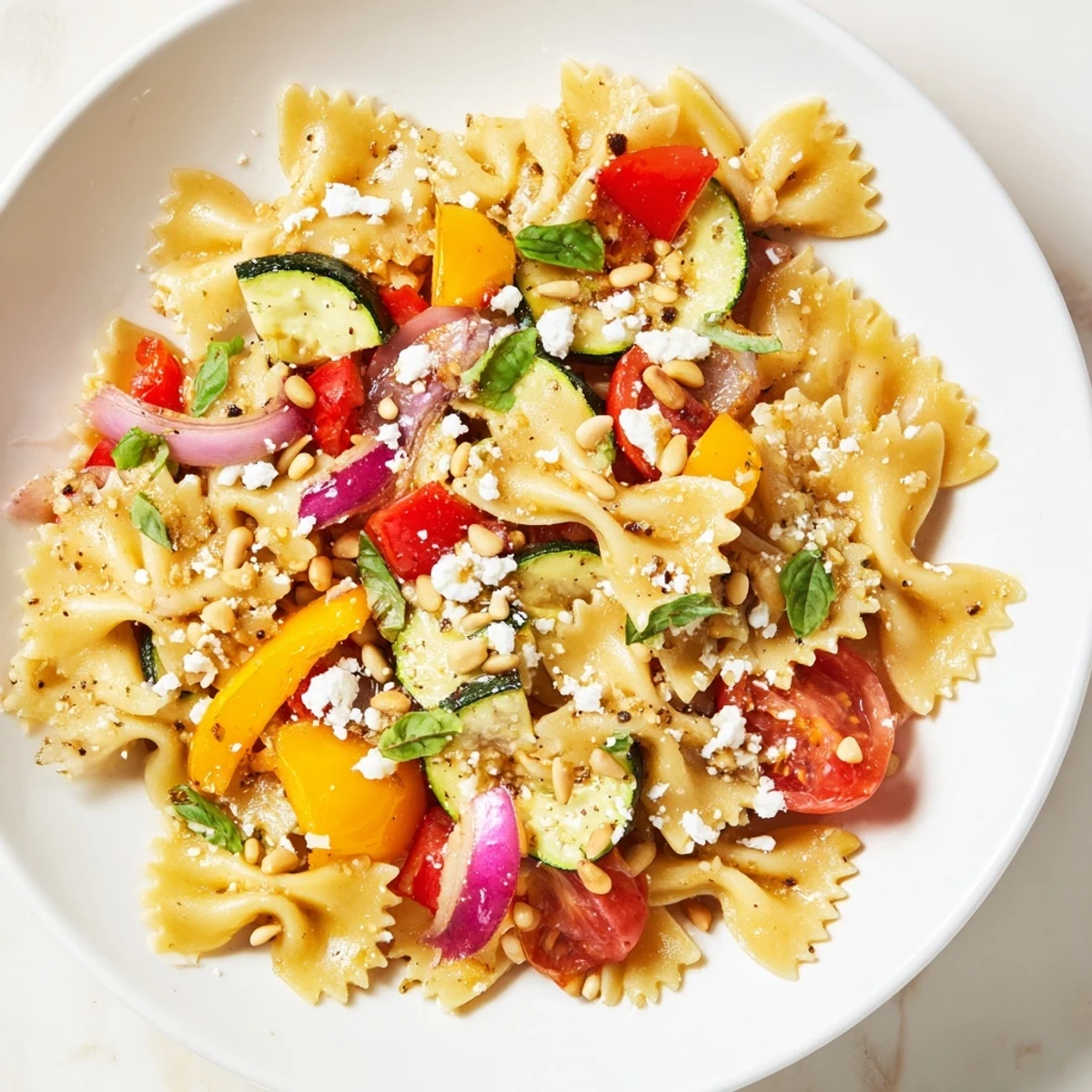 Plump cherry tomatoes highlight this Festive Bow Tie Pasta Platter, a delightful vegetarian main course.