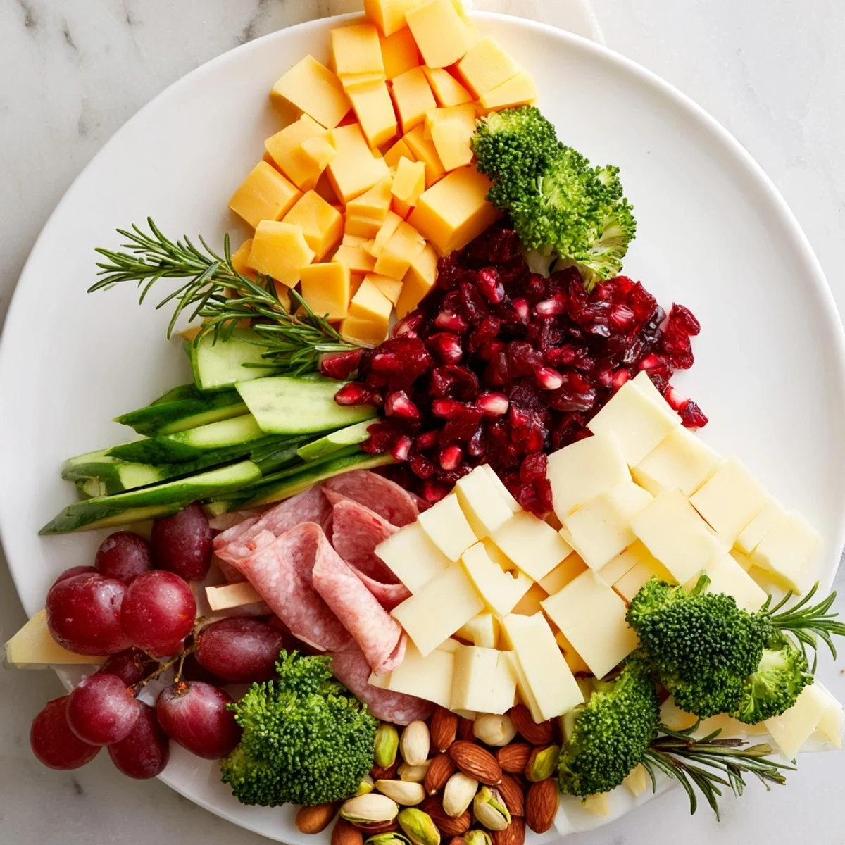 An inviting Evergreen Tree Snack Board: cheeses, charcuterie, and seasonal goodies, perfect for holiday snacking.