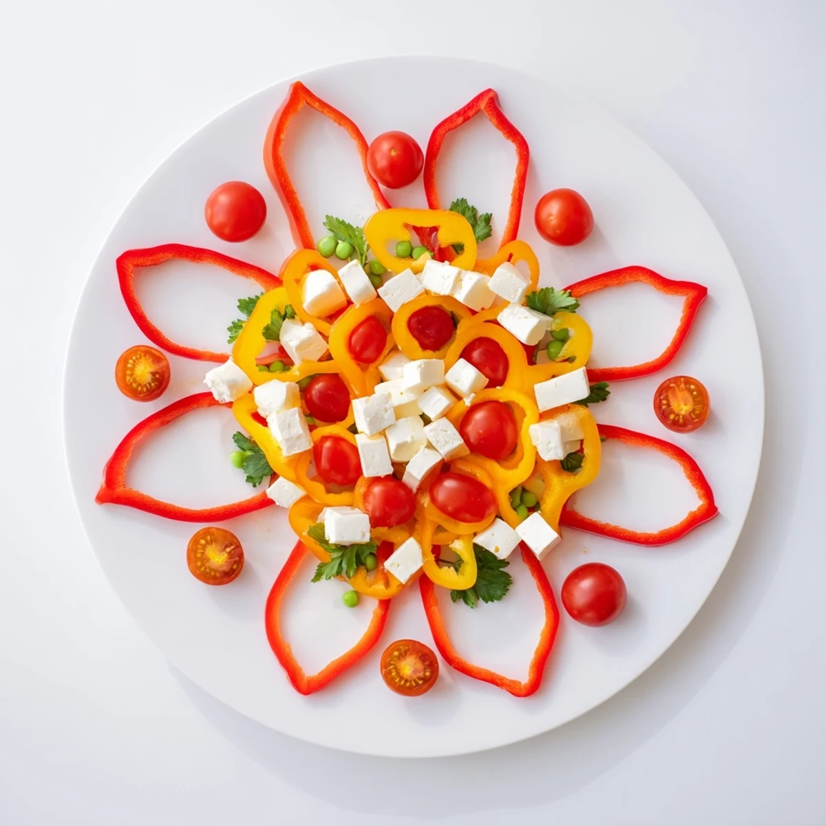 Vibrant Festive Poinsettia Platter with red and yellow peppers, cheeses, and dips, a holiday-perfect appetizer.