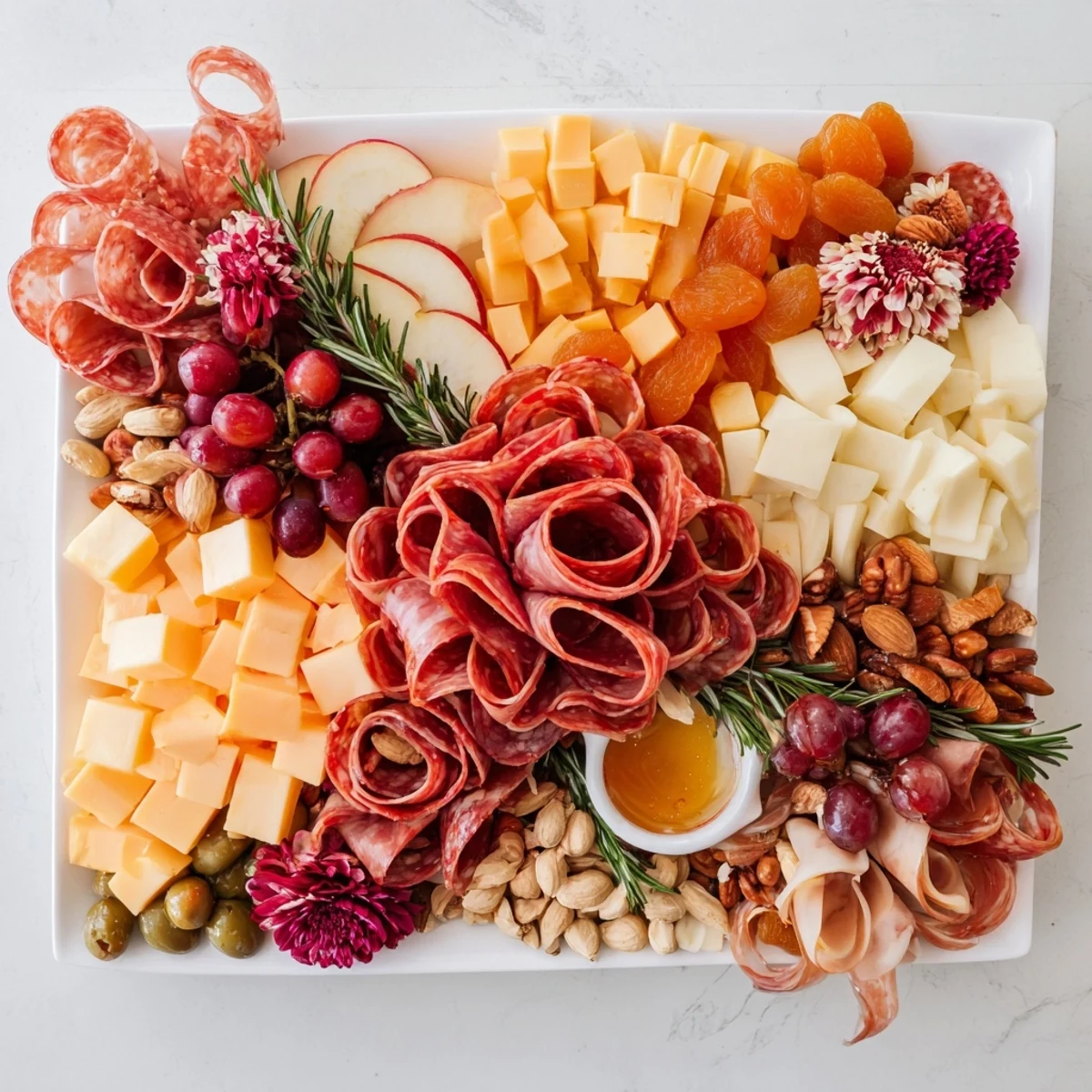 Holiday Bow Appetizer Platter arranged festively, featuring colorful cheese, meats, fruits, and crackers perfect for a party.