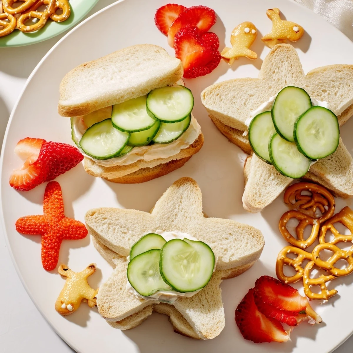 Imagine a colorful Beach Day Starfish platter overflowing with adorable sandwiches, grapes, and goldfish crackers.