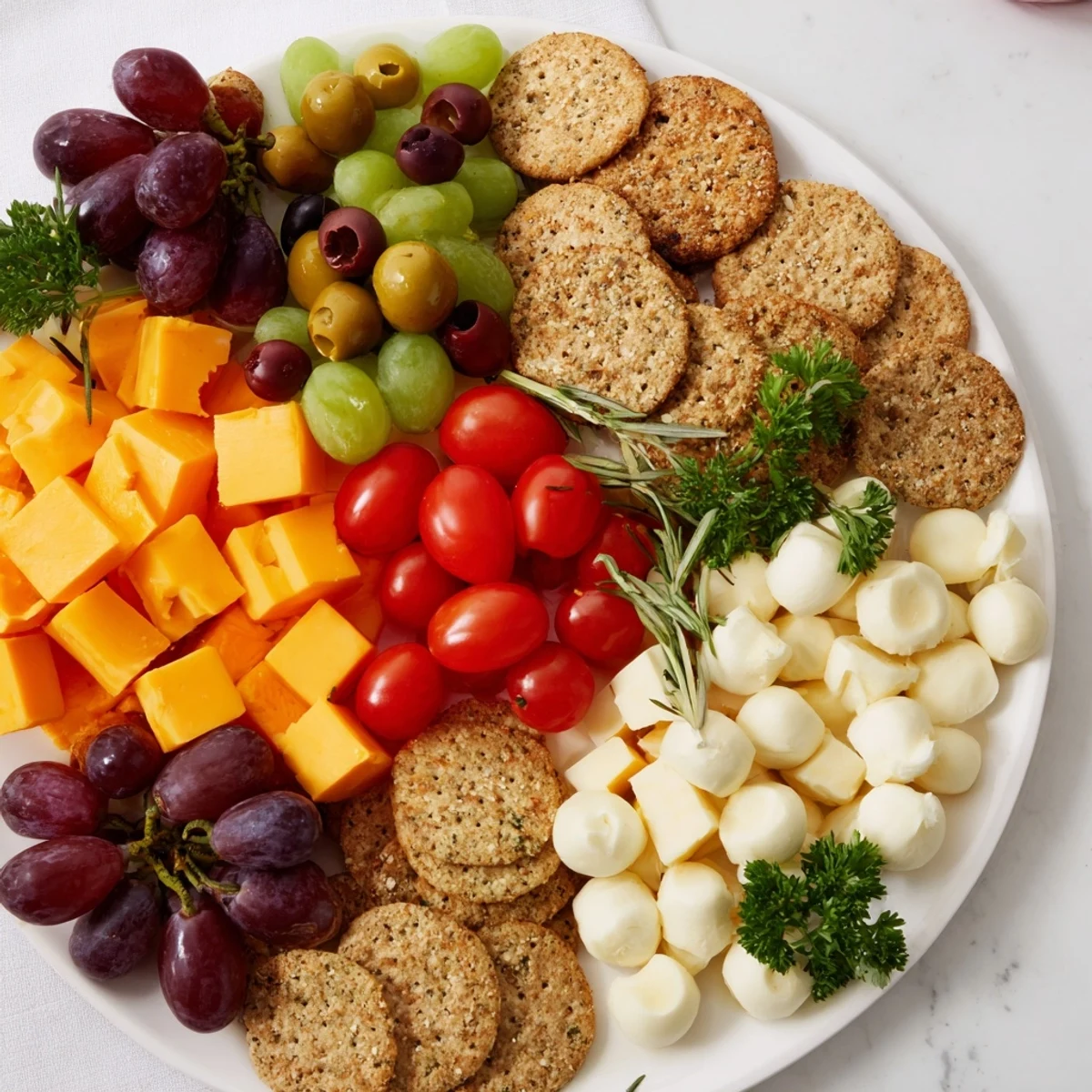 Festive Jingle Bell Cheese & Cracker Wreath with vibrant red grapes and green olives arranged beautifully.