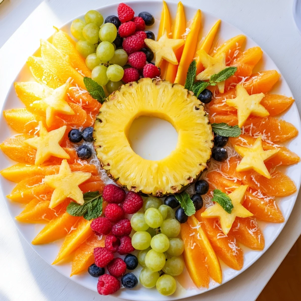 Bright Summer Rays Sun-Shaped Fruit Tray, bursting with vibrant mangoes, oranges, and watermelon stars, ready to serve.